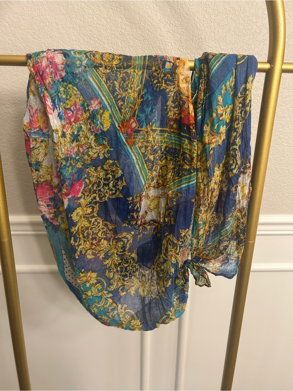 Boho Baroque Floral Scarf Blue Multicolor Lightweight Sheer Wrap